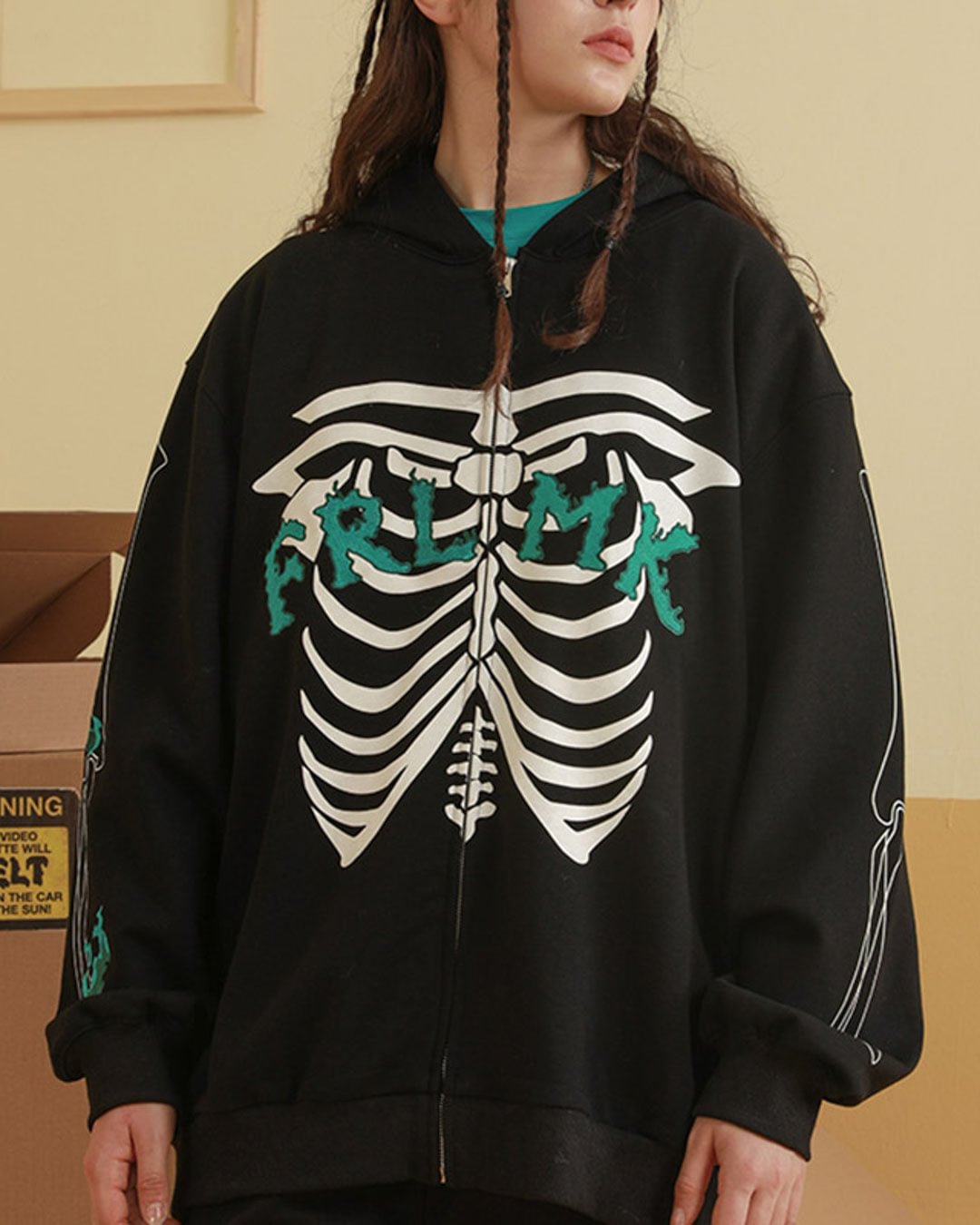 Fashionv-Dark Wind Skeleton Print Zipper Jacket