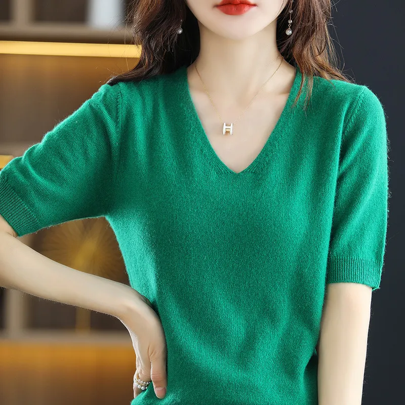Churchf Churchf 2024 New Short-Sleeved Sweater Women's T-Shirt Solid Color V-Neck Short-Sleeved Bottom Shirt Top Thin Style A Hair
