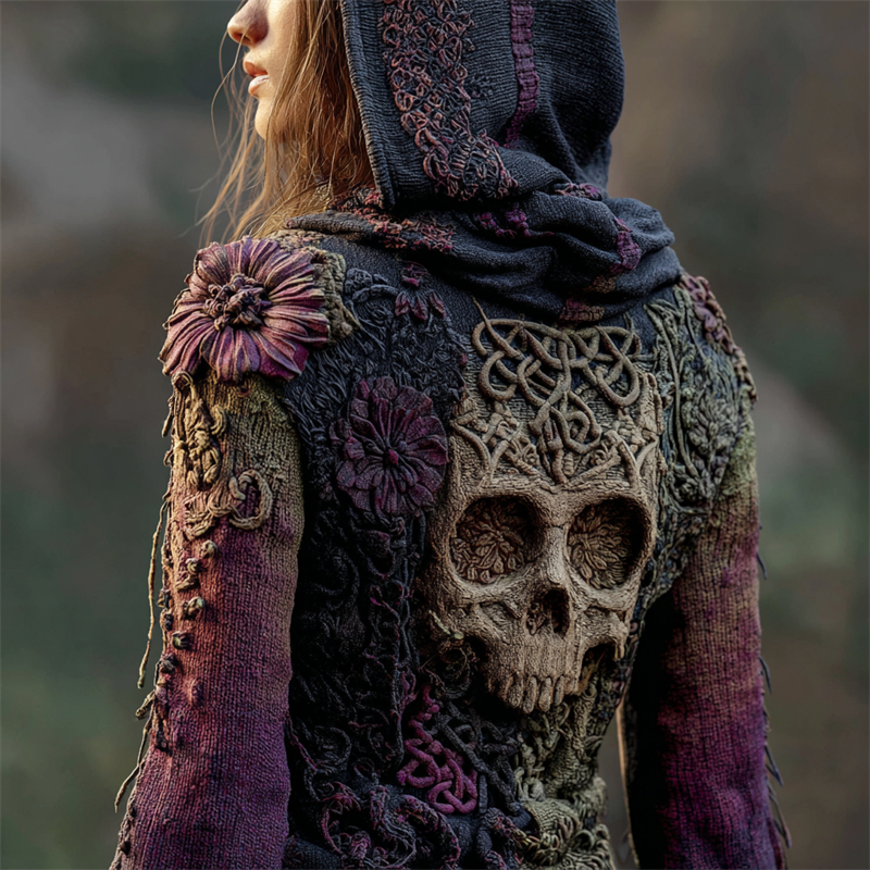 Vintage Skull Floral Celtic Gradient Cozy Knit Hooded Sweater