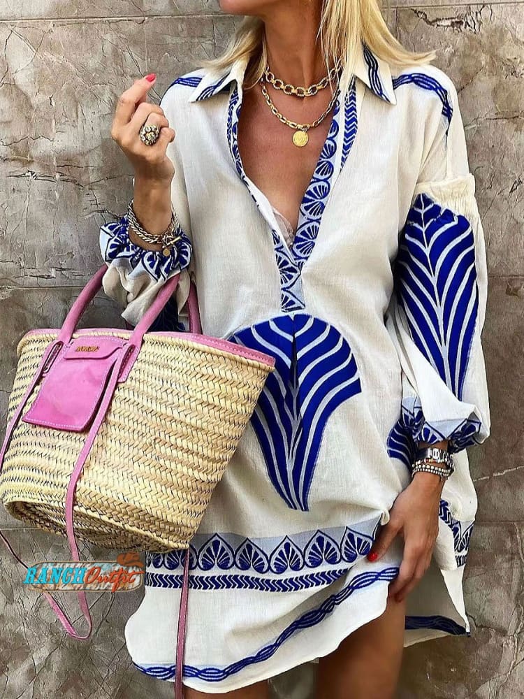 Women’s Vintage Bohemian Ethnic Print Dress Blue / S