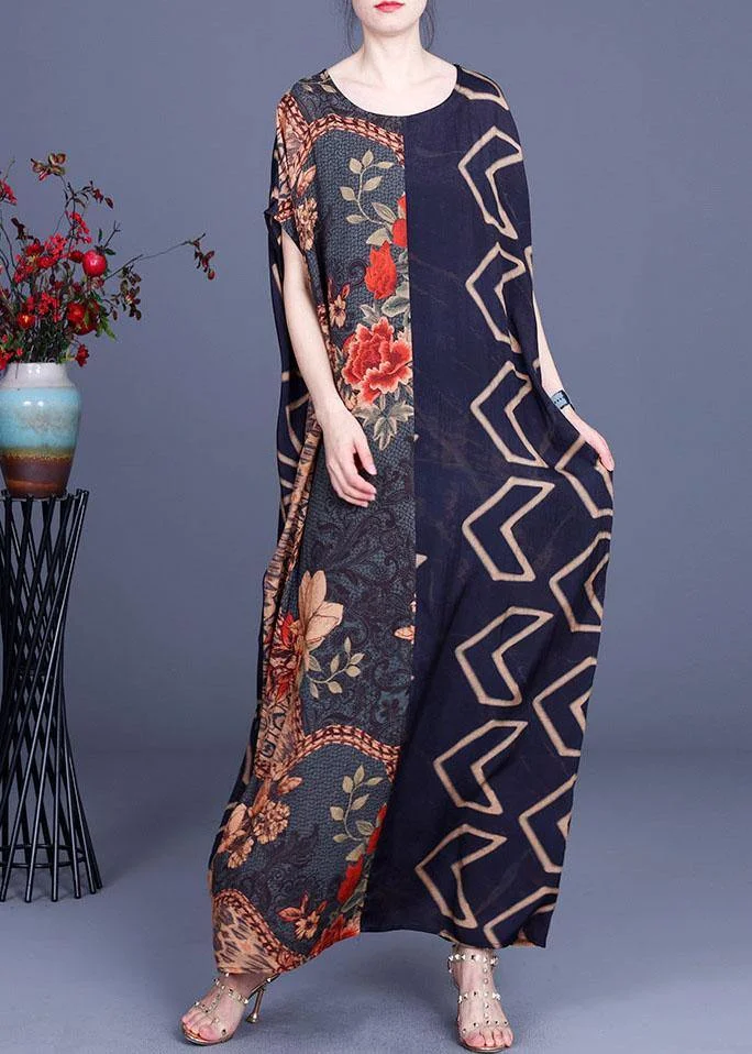 Vintage Navy Print Patchwork Batwing Sleeve Silk Long Dress Summer