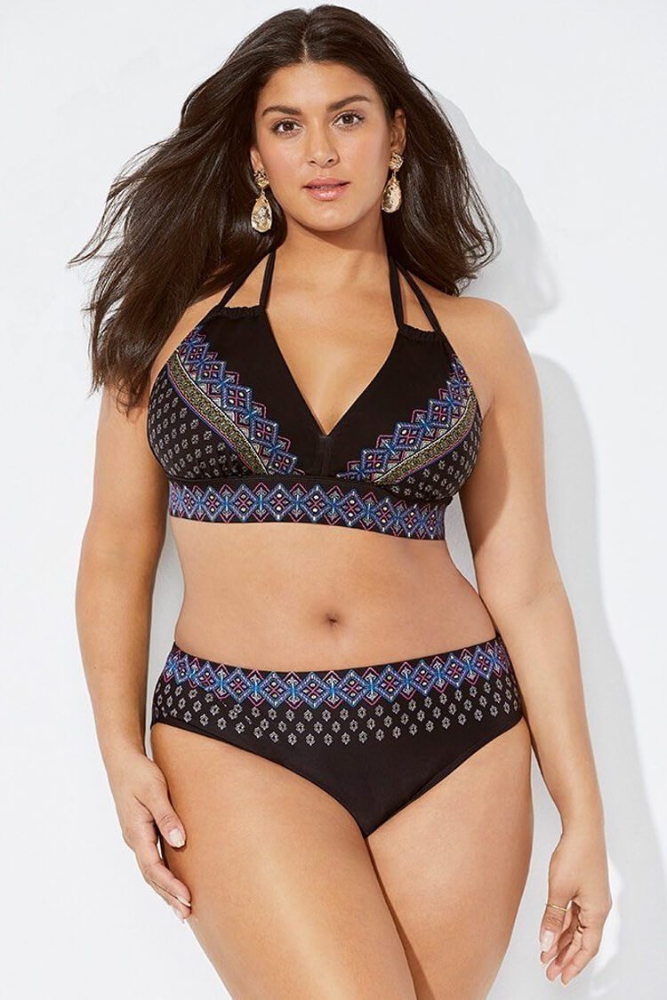 Plus Size Ethnic Print Triangle Halter Bikini Swimsuit - Two Piece Set-elleschic