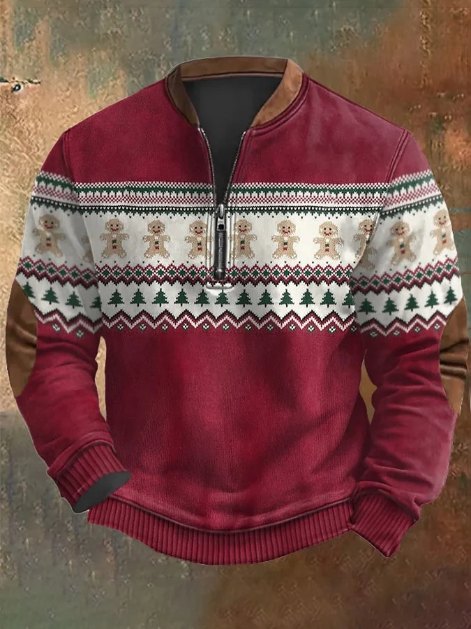Men's Retro Christmas Print Zip Collar Sweatshirt