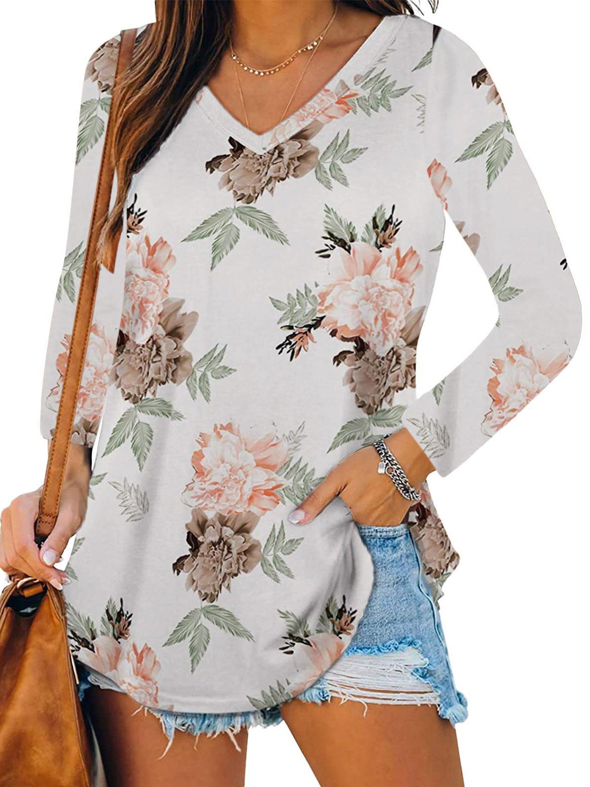 Women Long Sleeve V-neck Printed Top
