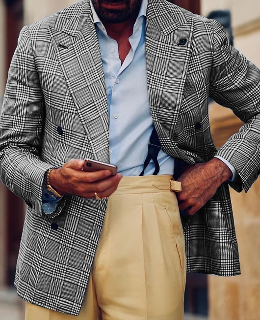 Business Plaid Turndown Collar Double Breasted Blazer 