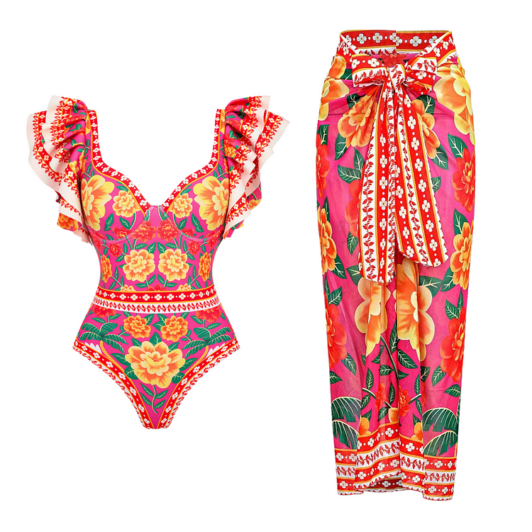 Ruffled Contrast Print One Piece Swimsuit and Sarong Flaxmaker 