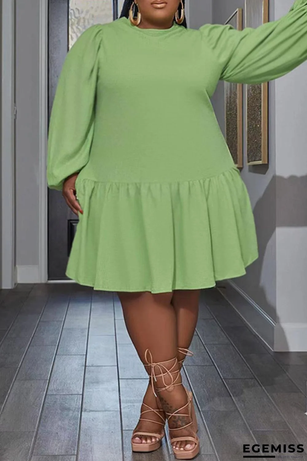 Light Green Casual Solid Bandage Backless O Neck Long Sleeve Plus Size Dresses | EGEMISS