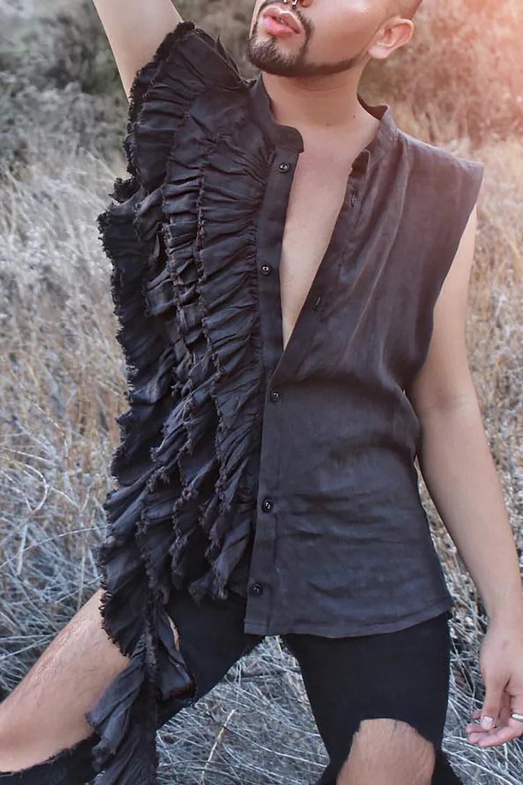 Ruffle Patchwork Stand-Up Collar Sleeveless Vintage Black Shirt [Pre-Order]