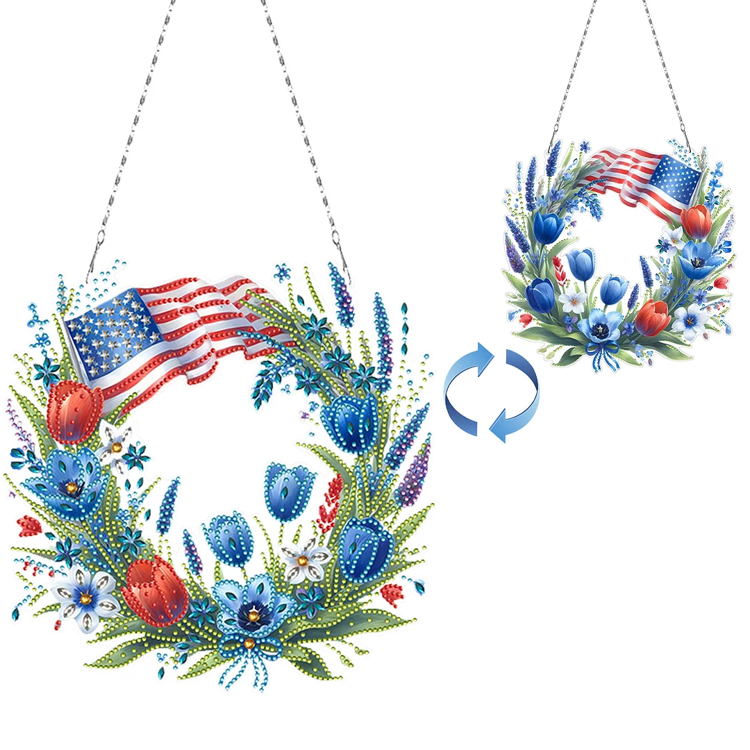 DIY Independence Day Wreath 5D Diamond Painting Dots Pendant for Window Wall
