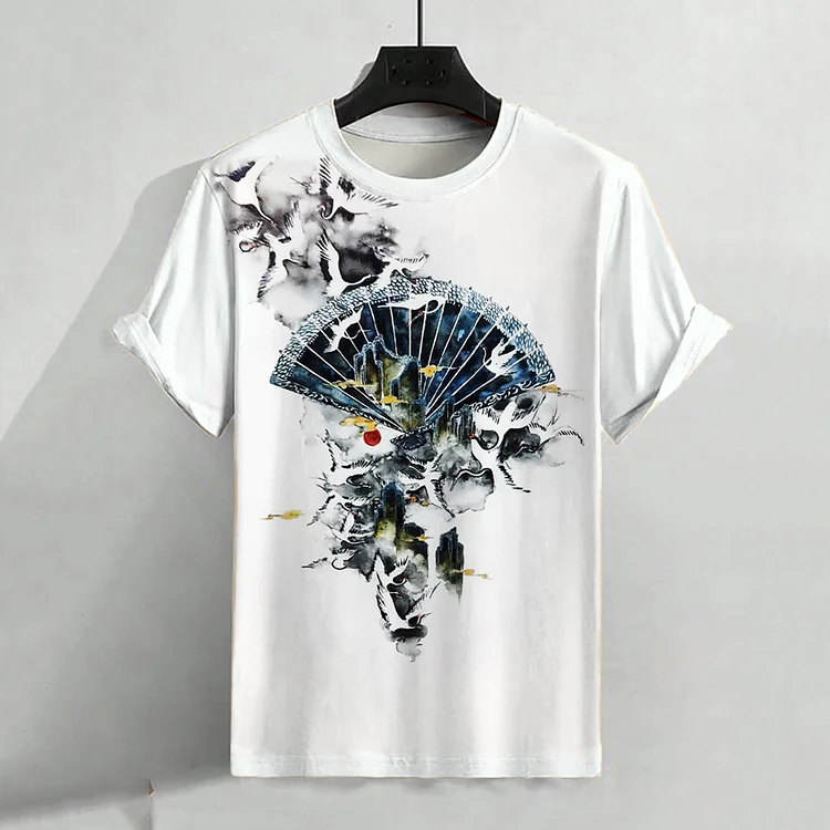 Wearshes Men's Folding Fan And Crane Ink Art Printed T-Shirt