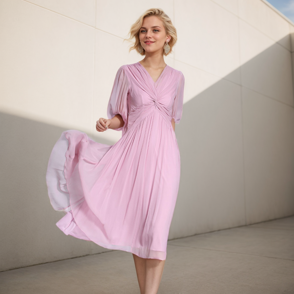 Pink Silk Midi Dress High Waist For Wedding Guest REAL SILK LIFE