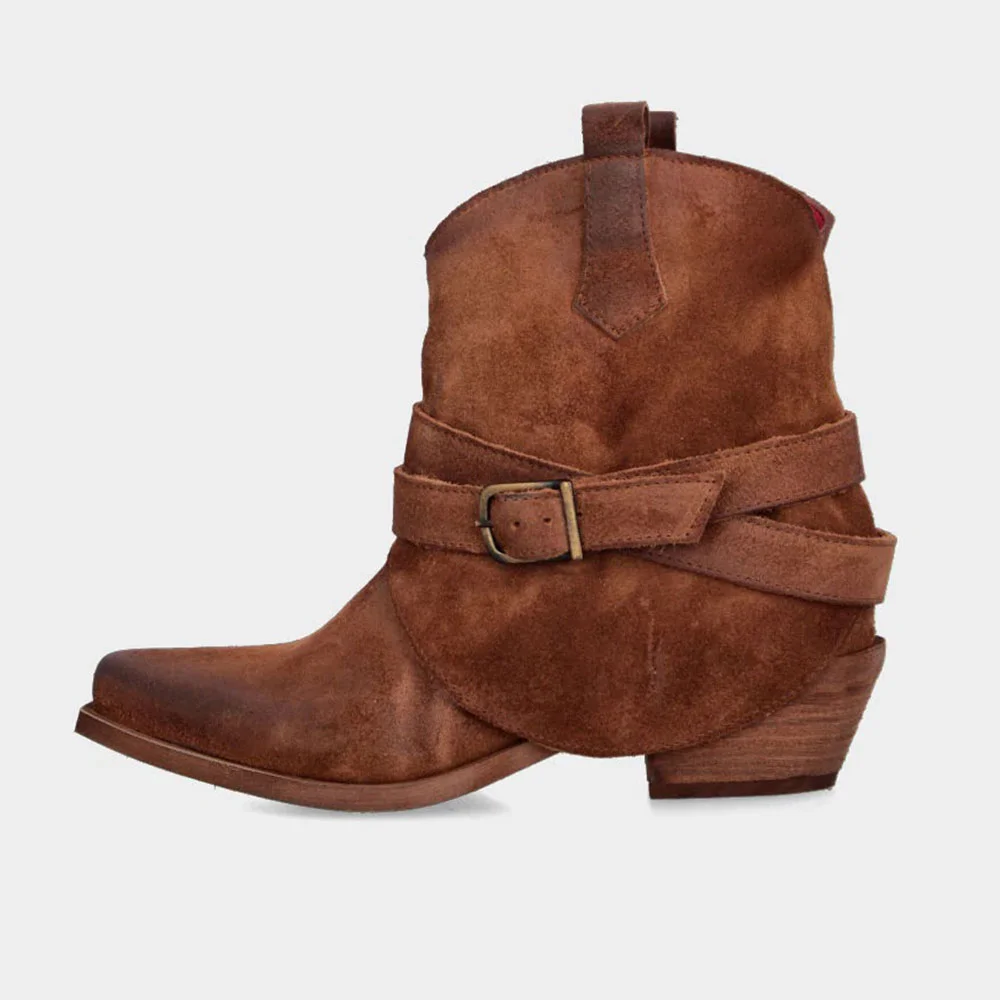 Brown Vegan Suede Snip Toe Chunky Heel Decorative Strap Western Boots