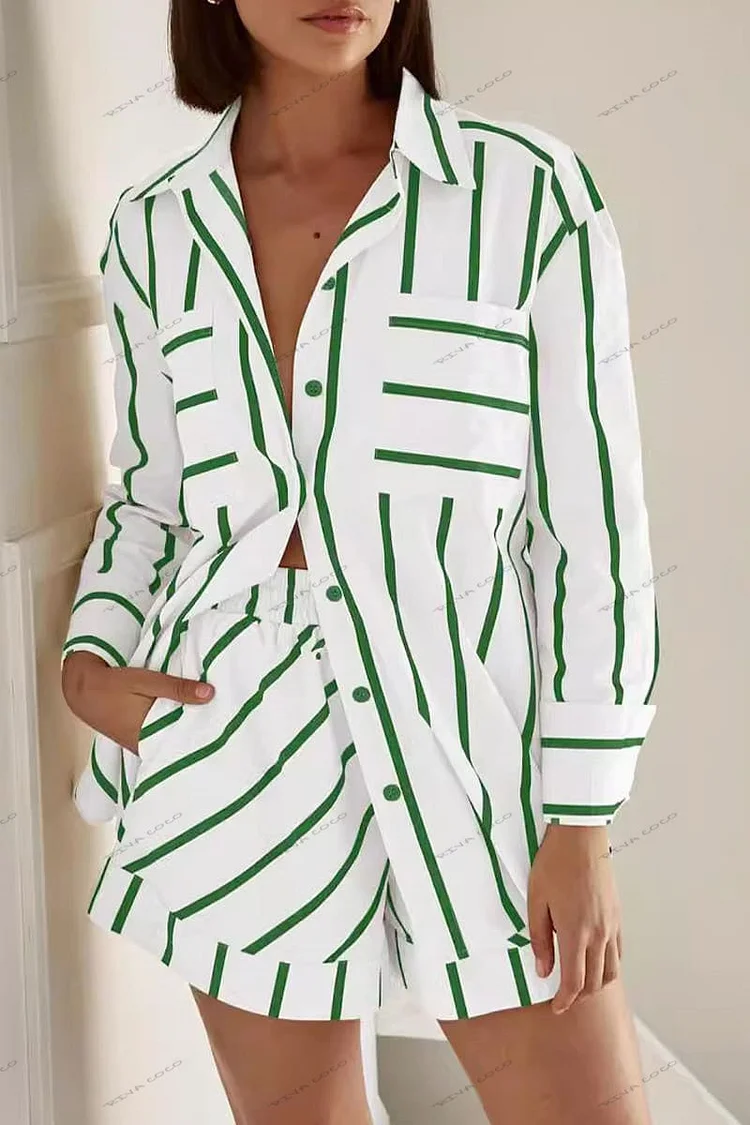 Stripe Colorblock Print Shirt & Shorts Set
