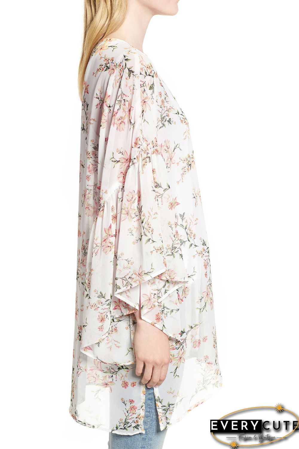 White Floral Print Ruffled Long Sleeves Kimono