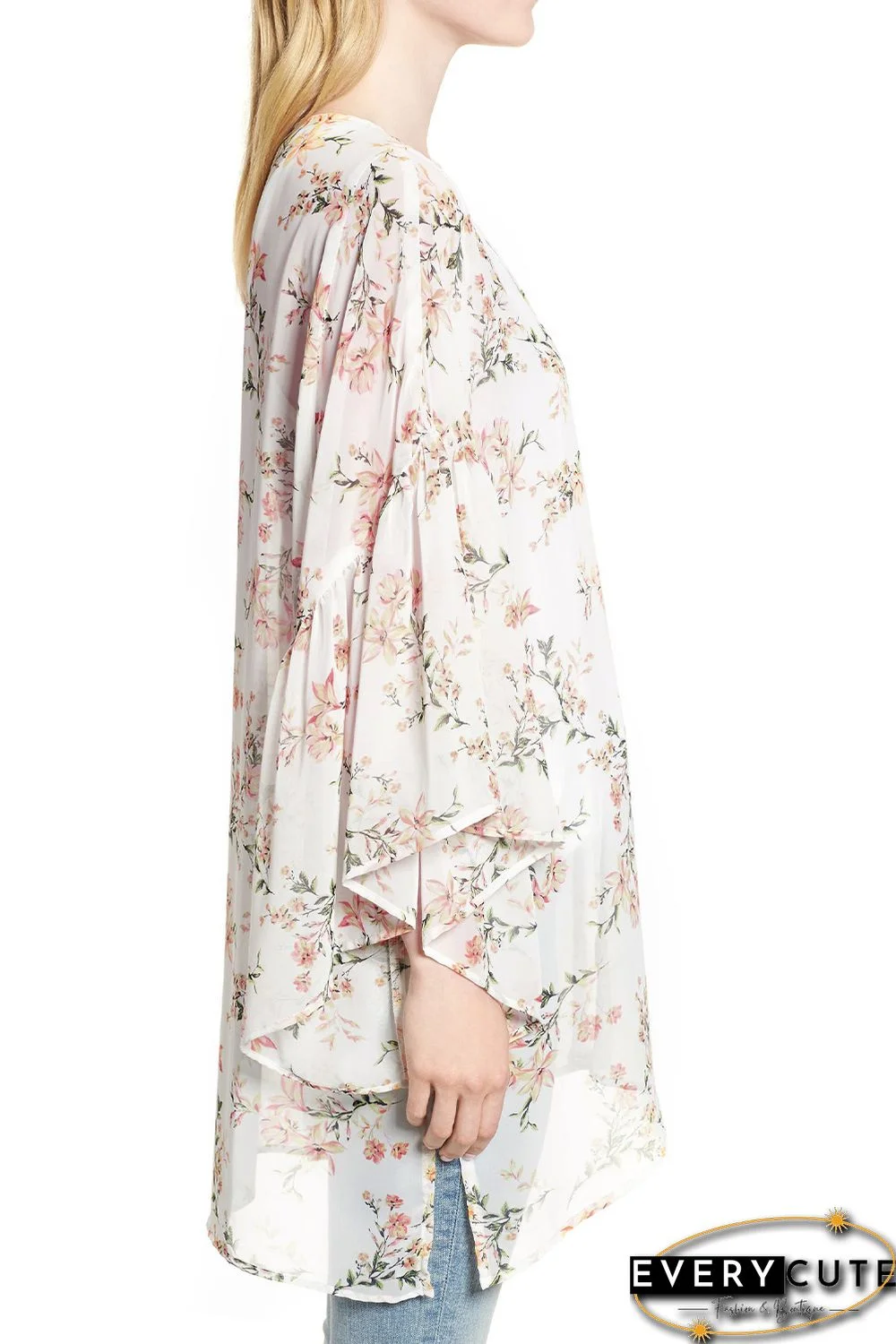 White Floral Print Ruffled Long Sleeves Kimono