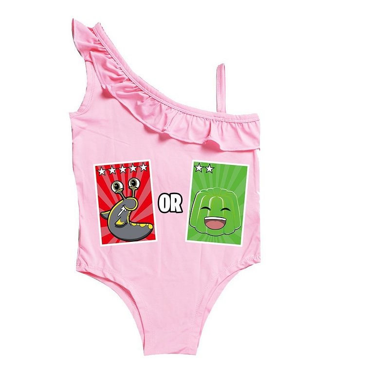 Mayoulove Girls Slogoman Jelly Print One Piece Ruffle Shoulder Swimwear-Mayoulove