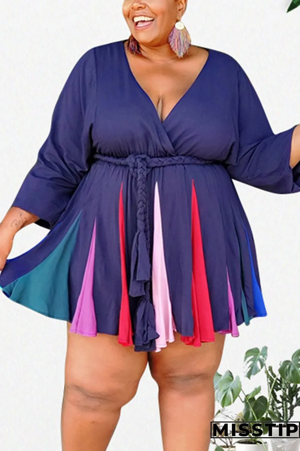 Orange Sexy Print With Belt V Neck A Line Plus Size