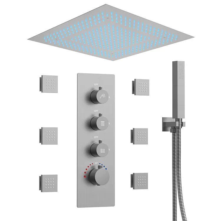 EVERSTEIN Thermostatic LED Rainfall Shower System in Brushed Nickel, 20 In.