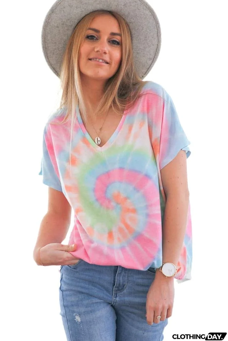 Tie-dye Short Sleeve V Neck T-Shirt