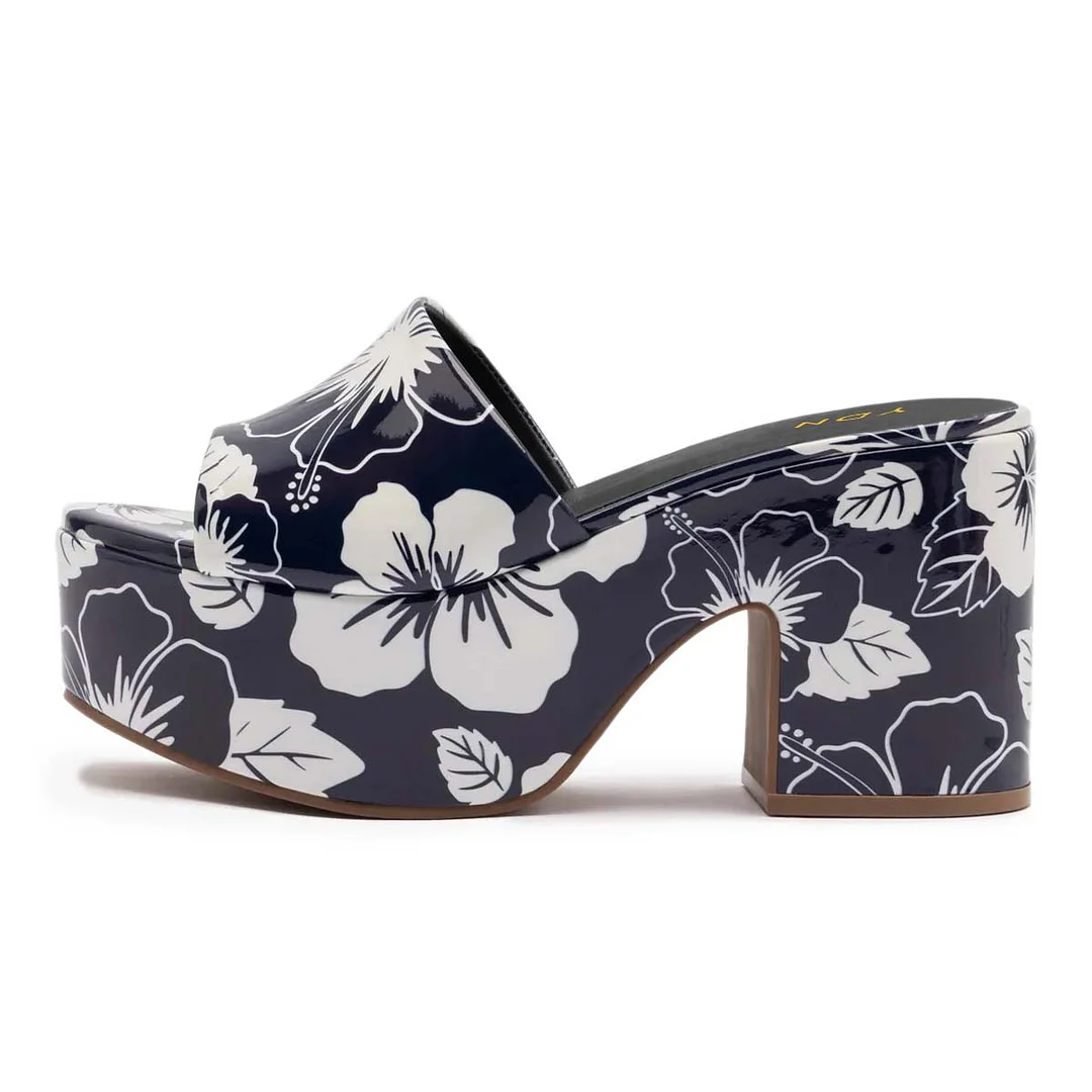 Navy & White Floral Print Open Round Toe Platform Heel Sandals