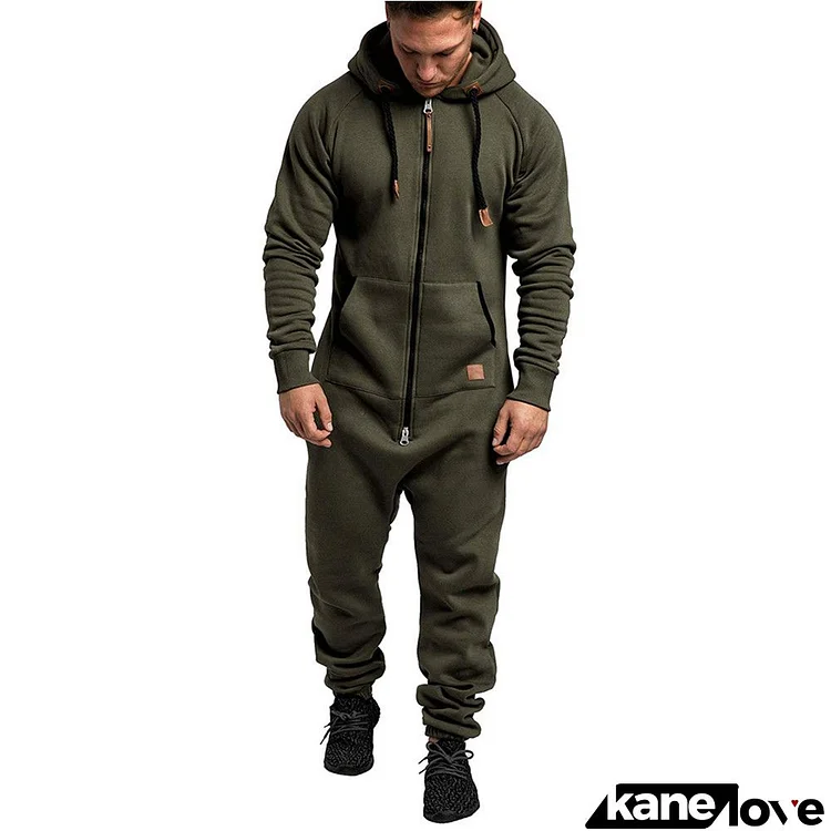 Men Casual Long Sleeve Hat Rope Pocket Design Zipper Fleece-lined Solid Color Hooded Jumpsuits