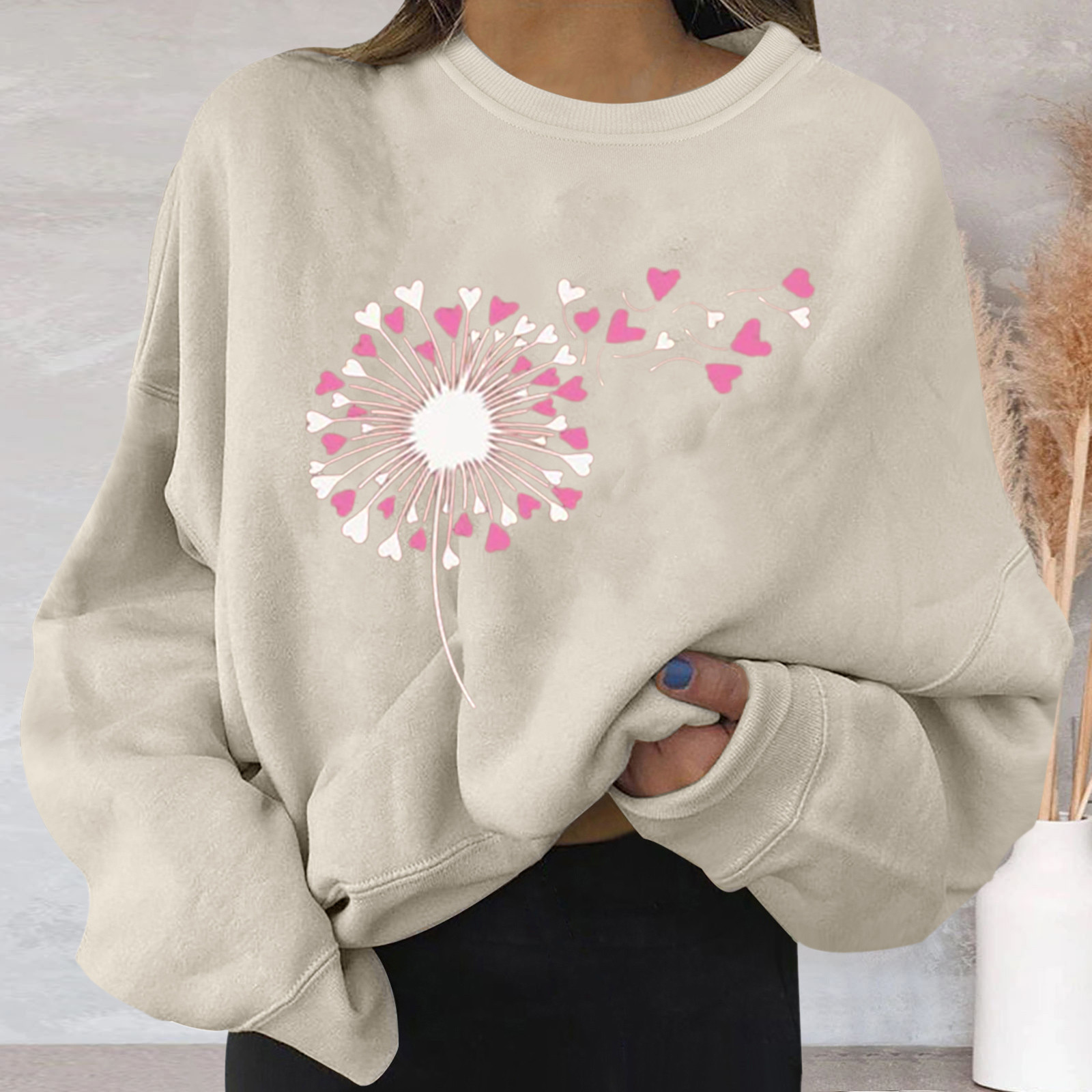 Women Casual Round Neck Pullover Loose Lightweight Print Sweatshirt