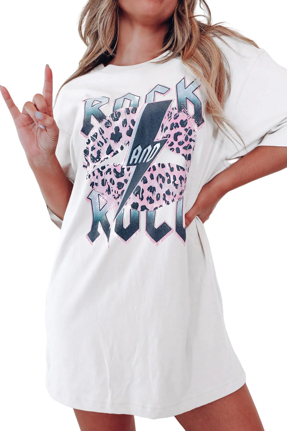 White ROCK AND ROLL Leopard Lip Lightning Oversized Graphic Tee