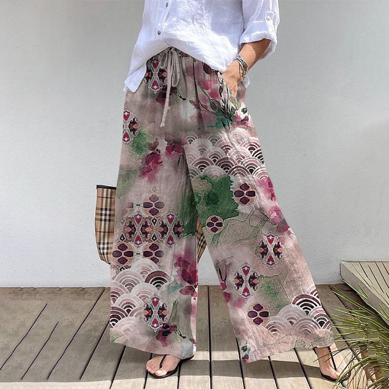 Comstylish Retro Elegant Japanese Watercolor Art Print Cotton Linen Wide Leg Pants