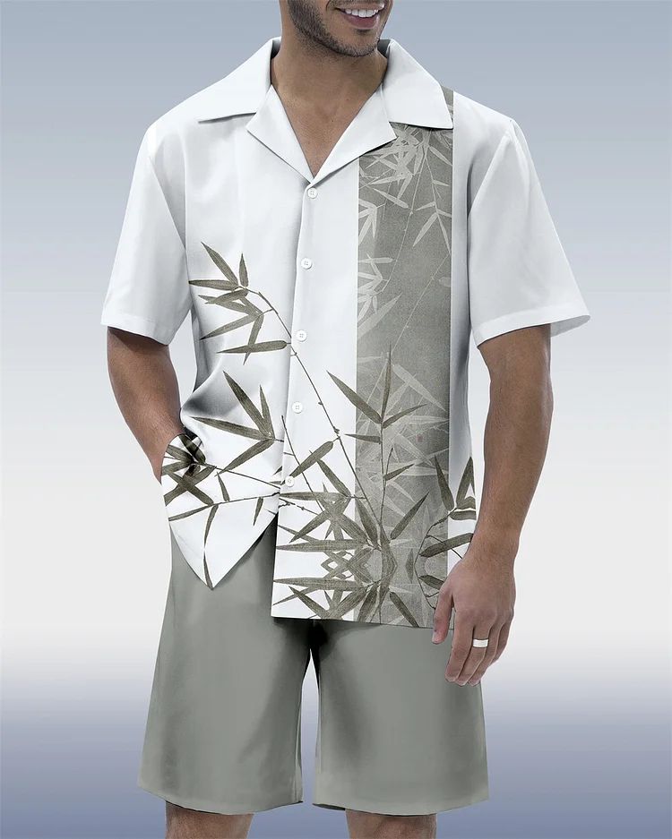 Suitmens Men's Abstract Art Bamboo Ink Printing Short Sleeve Set 143