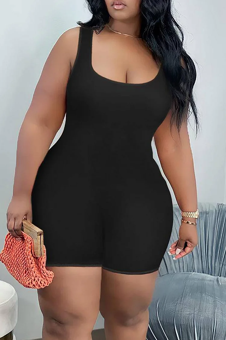 Plus Size Casual Romper Black Knitted Sleeveless Square Neck Romper 