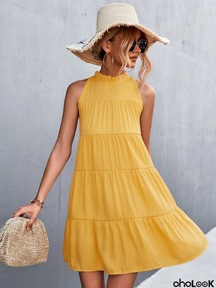 Tie Back Mock Neck Tiered Dress