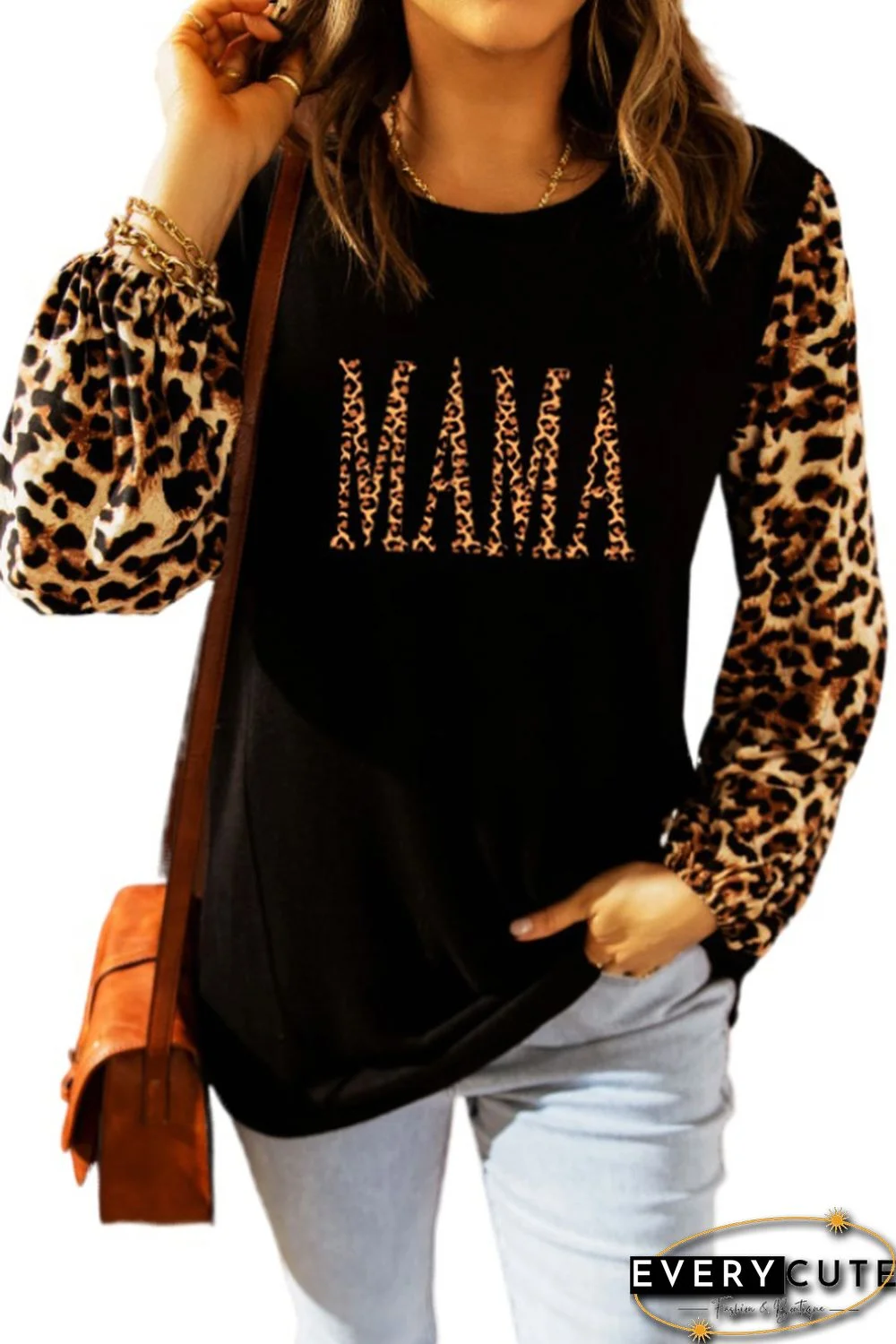 Black Leopard MAMA Graphic Long Sleeve Top