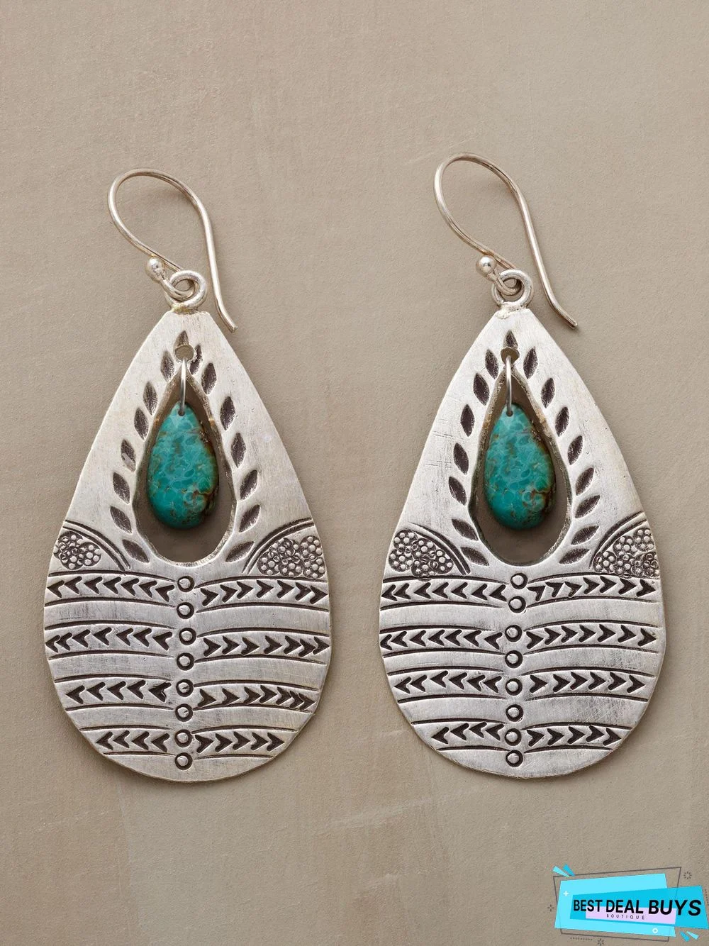 Vintage Natural Turquoise Ethnic Pattern Embossed Earrings Boho Vacation Jewelry