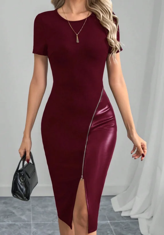 Nigikala Nigikala Zippered Short Sleeve Black PU Thighs Open Tight Dress