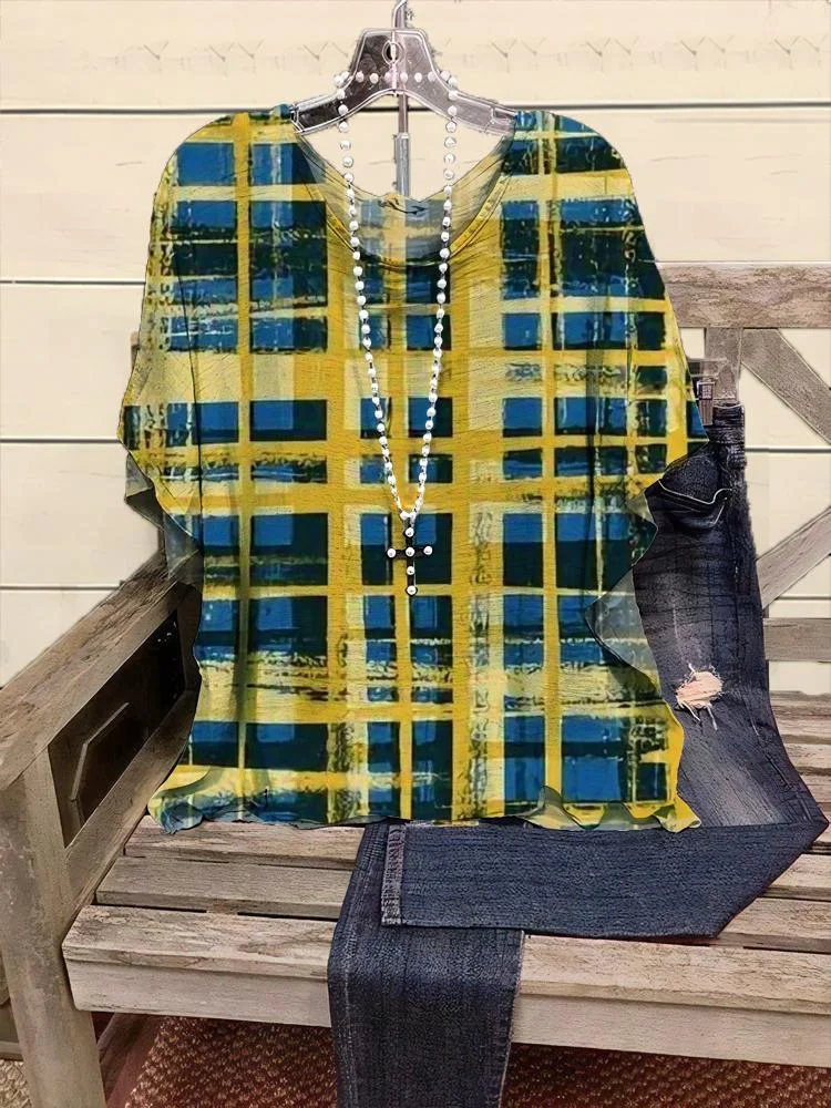 Women's Round Neck Half-sleeve Plaid Printed T-shirt