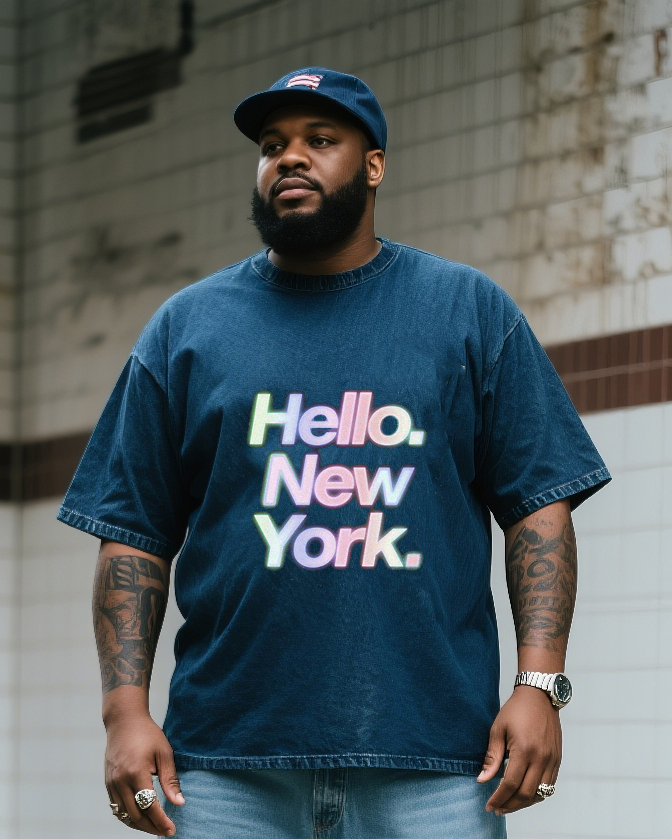 Plus Size Men's Fashion Street Hello New York Printed Denim Short Sleeve T-Shirt