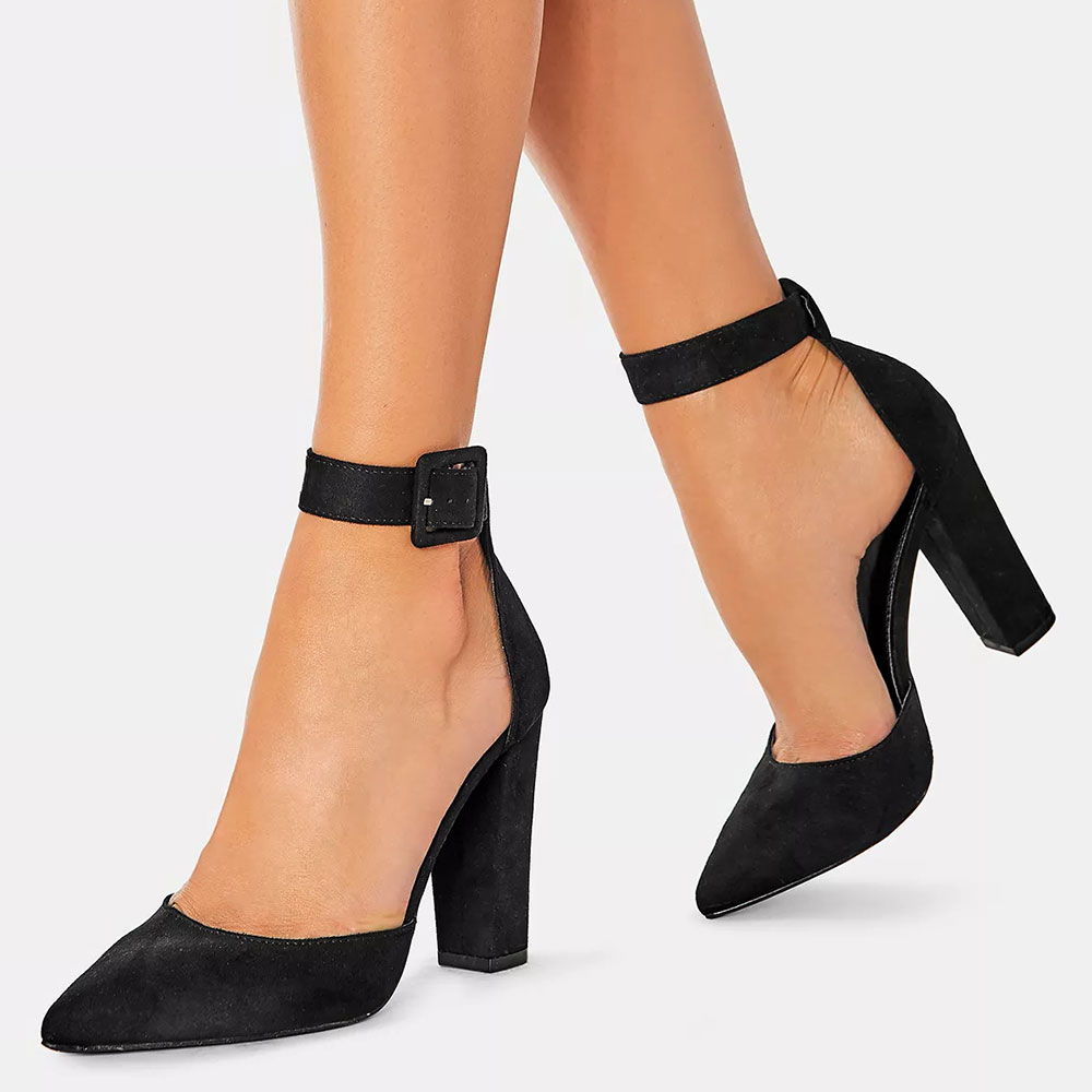 Faux Suede Pointed Toe Ankle Strap Classy High Heel Pumps in Black