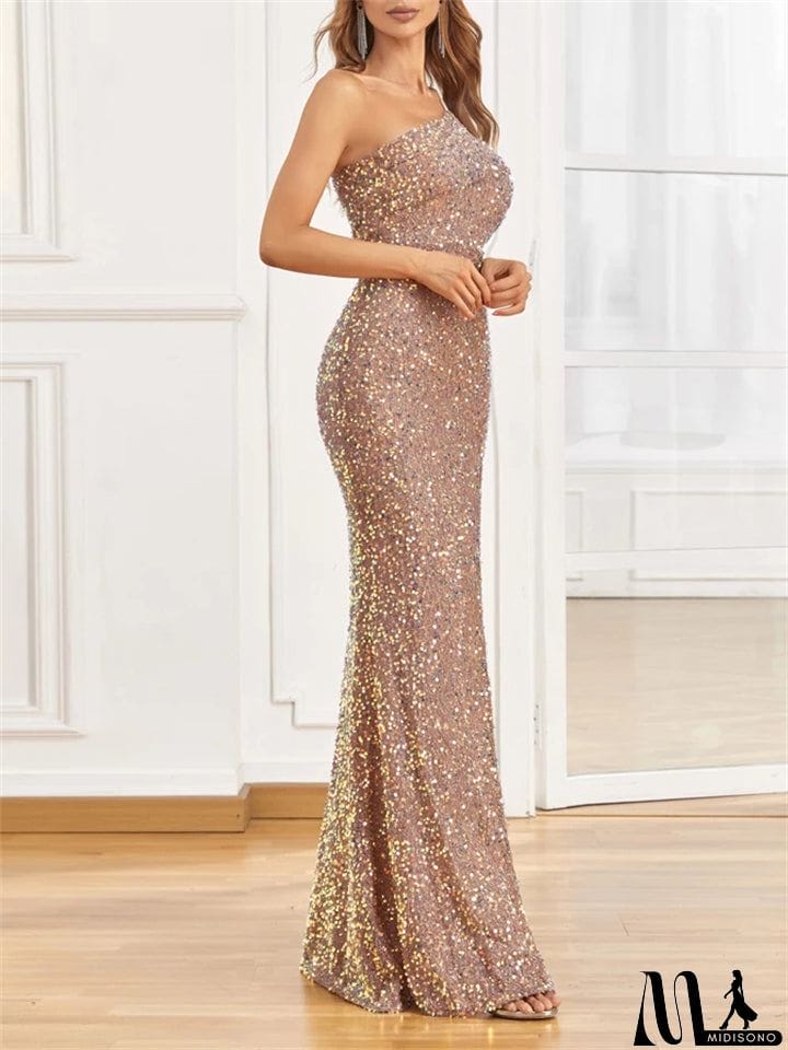 MidiSono - New Elegant Style Sexy One Shoulder High Slit Sequin Maxi Evening Dresses