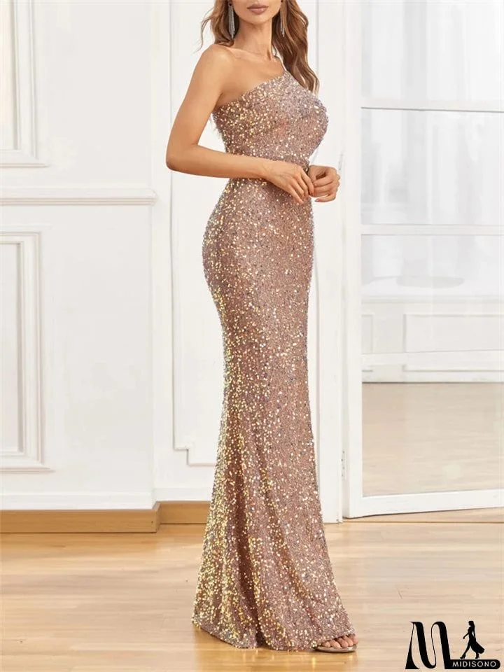 MidiSono - New Elegant Style Sexy One Shoulder High Slit Sequin Maxi Evening Dresses