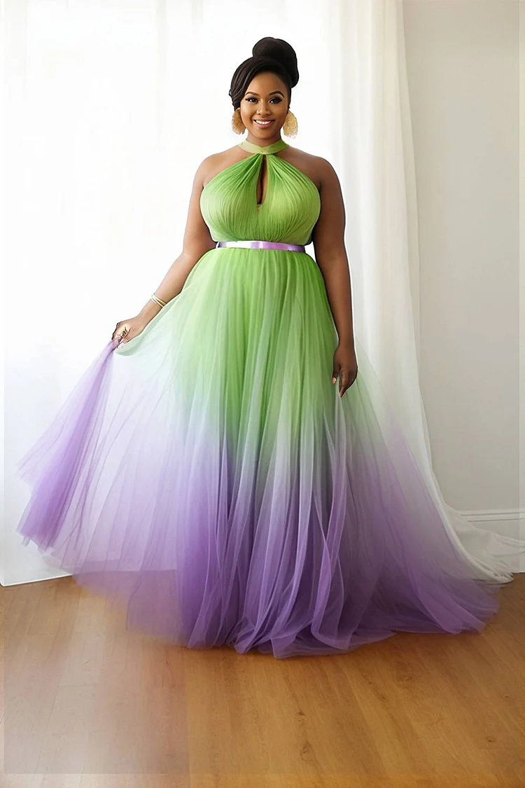 Xpluswear Design Plus Size Wedding Guest Multicolor Gradient Halter Collar Sundress Cut Out Tulle Maxi Dresses [Pre-Order]
