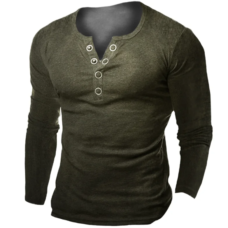 Men's Casual Solid Color Button Henry T-shirt / [viawink] /