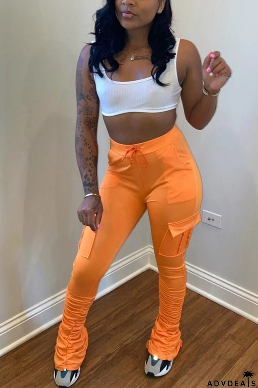 Orange Drawstring High Solid Pocket Draped Boot Cut Pants Bottoms