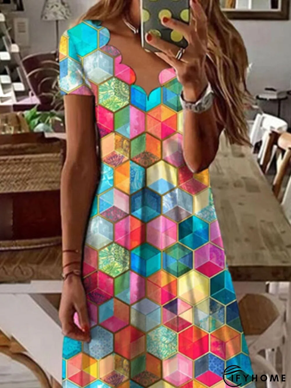 Casual Short Sleeve V Neck Printed Dress | IFYHOME