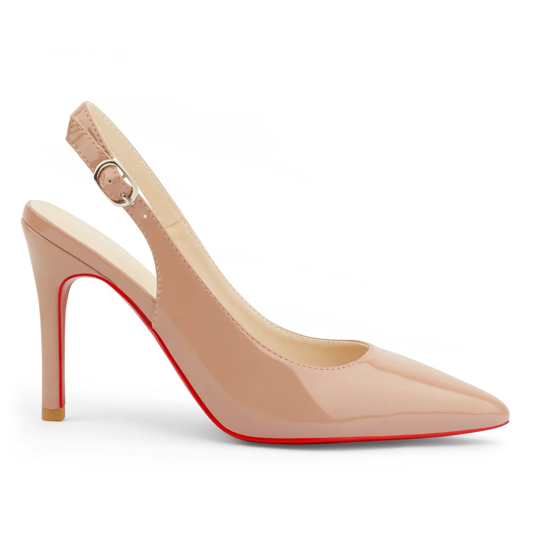 90mm Women's Pointed Toe Slingback Heels Red Bottoms Pumps Comfortable Dress Shoes-vocosishoes