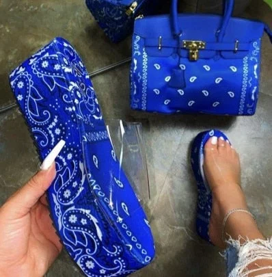 Bandana Print Lock Handbag/Thick Bottom Slides Set F2118