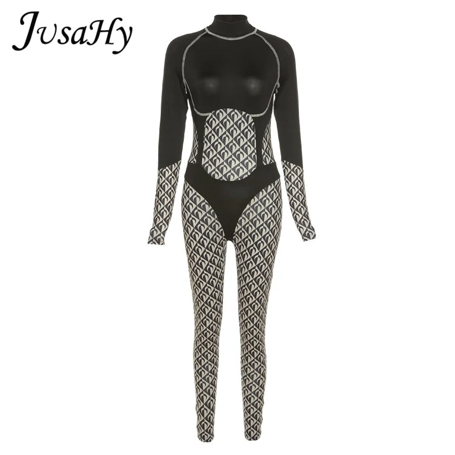 JuSaHy Y2K Stretchy Romper Women's Jumpsuits Autumn Long Sleeves Splicing Streetwear One Piece Female Jumpsuit Body-shaping New