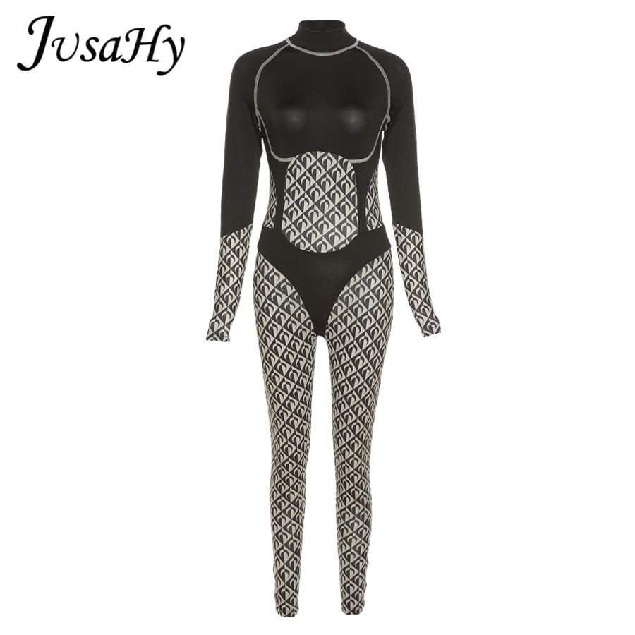 JuSaHy Y2K Stretchy Romper Women's Jumpsuits Autumn Long Sleeves Splicing Streetwear One Piece Female Jumpsuit Body-shaping New