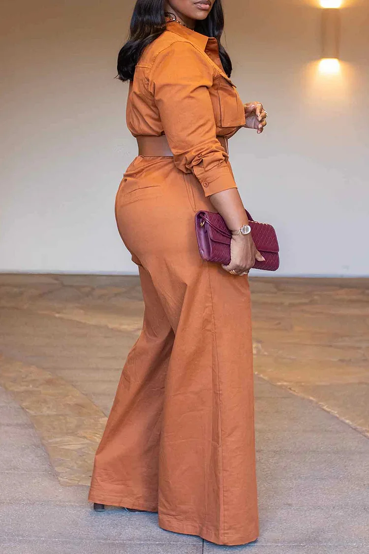 Plus Size Business Casual Orange Shirt Collar Long Sleeve Cargo Casual Zipper Jumpsuits [Pre-Order]