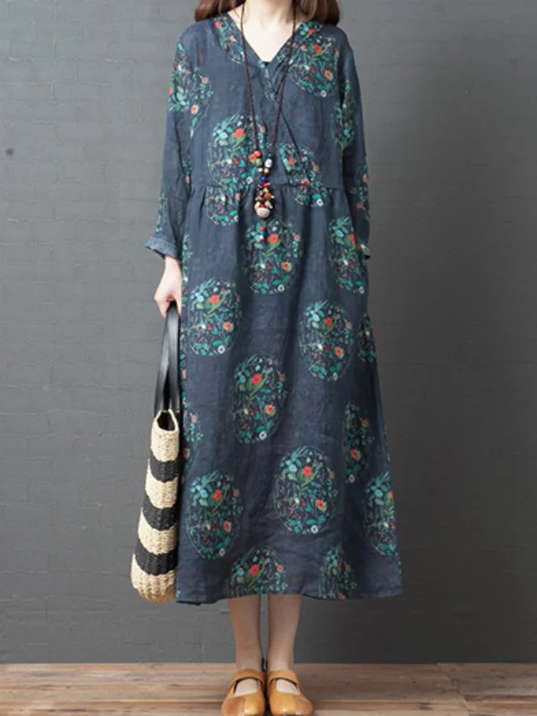 Loose Vintage Ethnic Printing V-Neck Long Sleeve Midi Dress