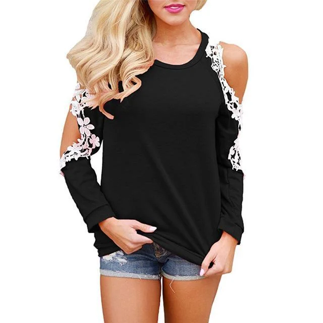 Women Cold Shoulder Long Sleeve Lace Blouse Causal Loose Solid Tops Tees